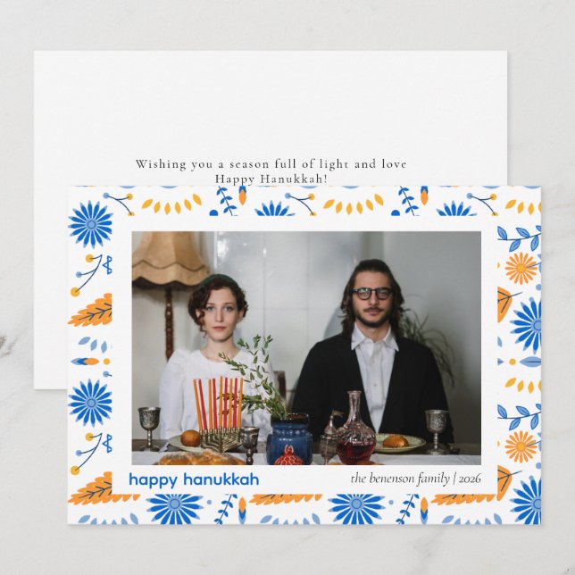Tarjeta Festiva Elegante Familia Hanukkah Blue Happy 1 Foto (Anverso / Reverso)