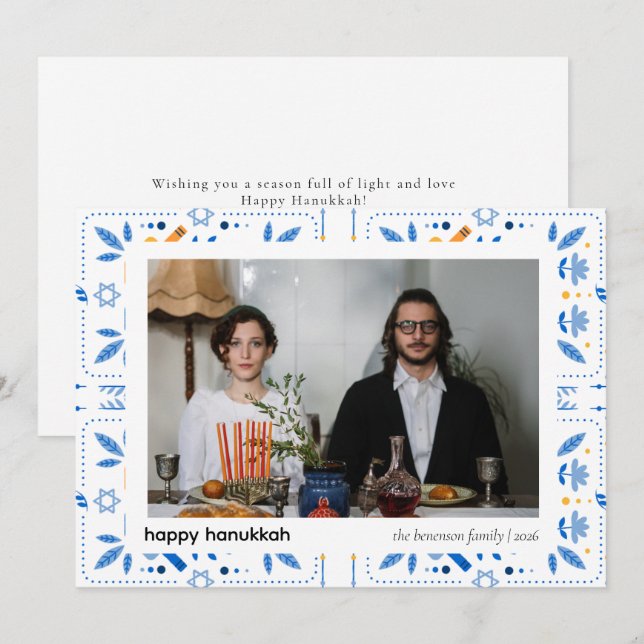 Tarjeta Festiva Elegante Familia Hanukkah Blue Happy 1 Foto (Anverso / Reverso)