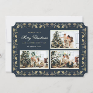 Tarjeta Festiva Elegante Familia Holly de Oro Azul 3 Navidades de 