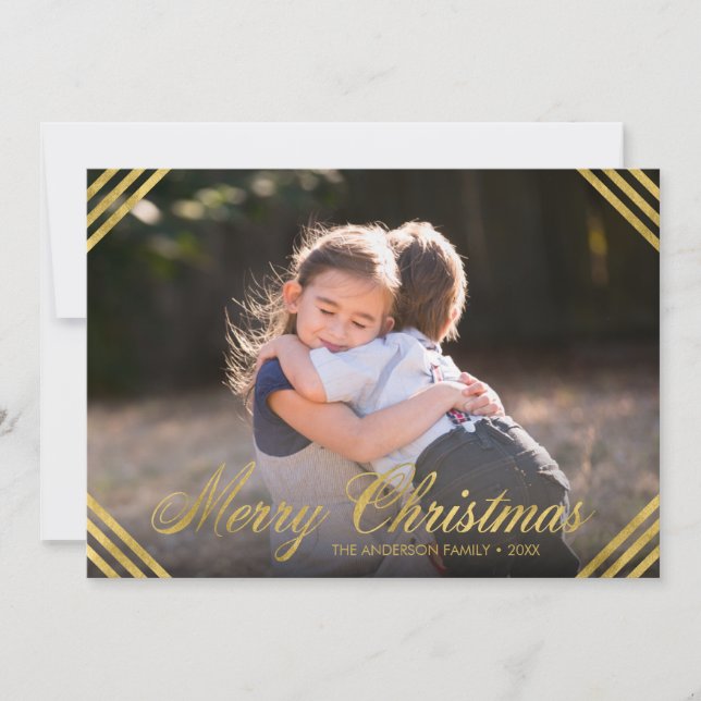 Tarjeta Festiva Elegante Faux Gold Borders Merry Christmas Photo (Anverso)