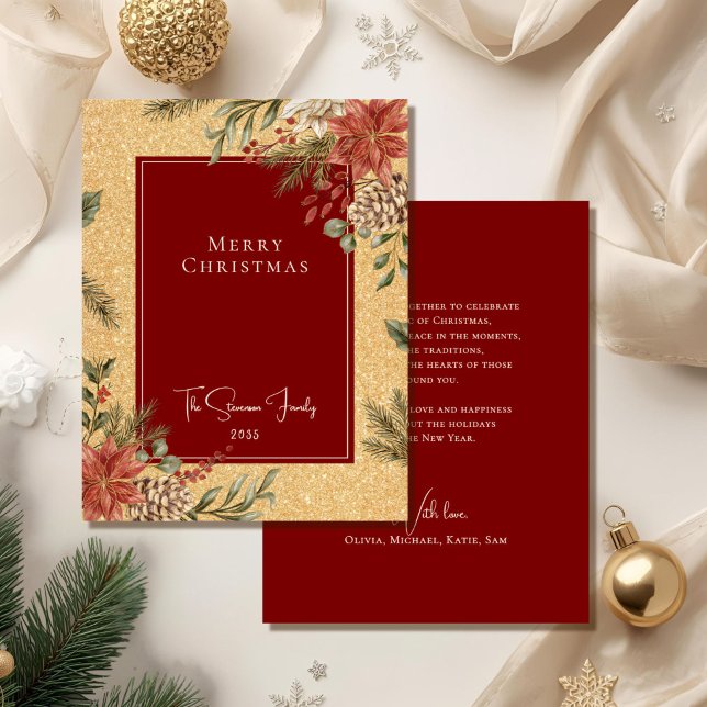 Tarjeta Festiva Elegante Faux Gold Merry Christmas Poinsettia (Subido por el creador)