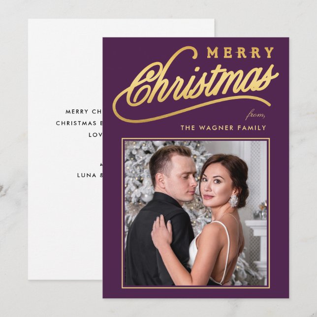 Tarjeta Festiva Elegante Faux Gold Script Merry Christmas Photo (Anverso / Reverso)