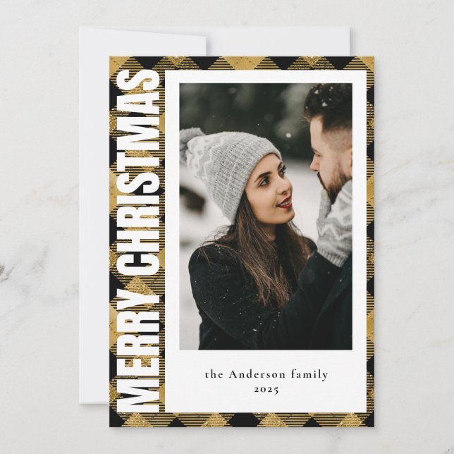 Tarjeta Festiva Elegante Faux Gold Tartan Plaid Photo Navidades (Anverso)