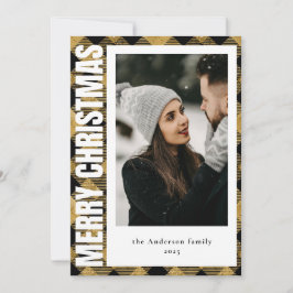 Tarjeta Festiva Elegante Faux Gold Tartan Plaid Photo Navidades