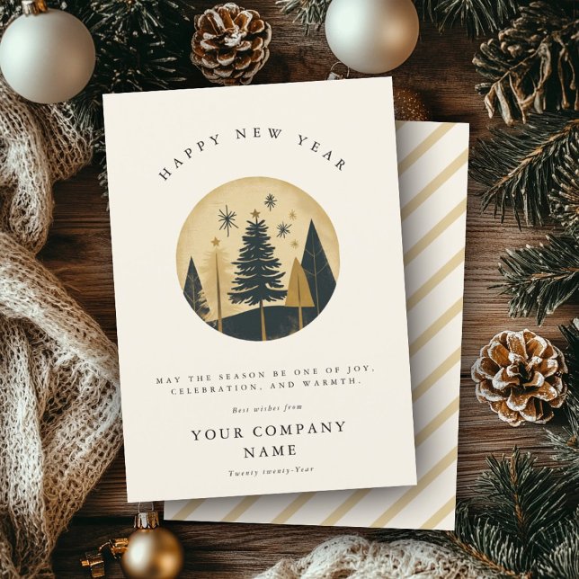 Tarjeta Festiva Elegante Feliz Año Nuevo Cálido Pine Forest Busine (Subido por el creador)