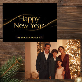 Tarjeta Festiva Elegante Feliz Año Nuevo Foto Familia Oro Negro Ho