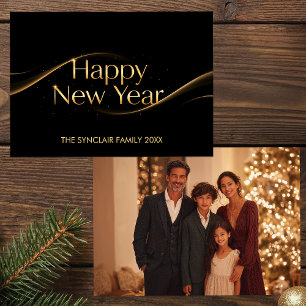 Tarjeta Festiva Elegante Feliz Año Nuevo Foto Familia Oro Negro Ho