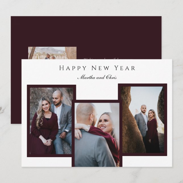Tarjeta Festiva Elegante Feliz Año Nuevo Script 3 Collage de fotos (Anverso / Reverso)
