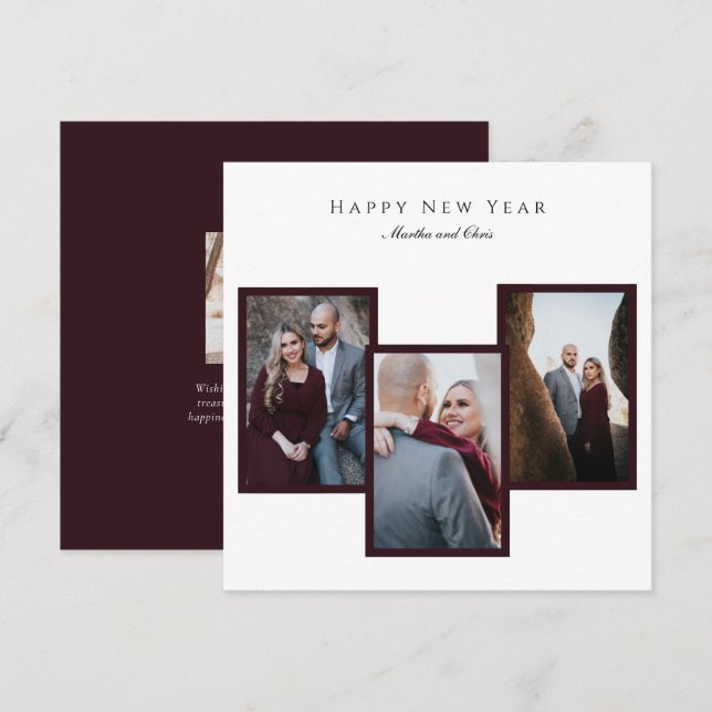 Tarjeta Festiva Elegante Feliz Año Nuevo Script 3 Collage de fotos (Anverso / Reverso)