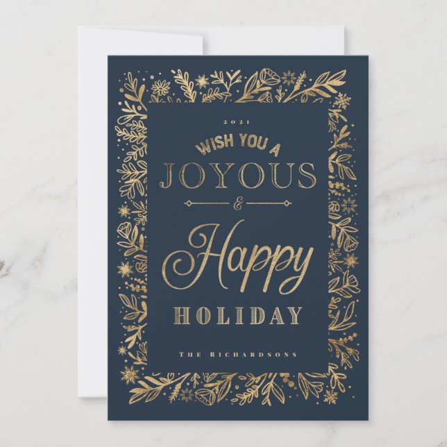 Tarjeta Festiva Elegante Feliz Foliage de Oro de vacaciones y copo (Anverso)