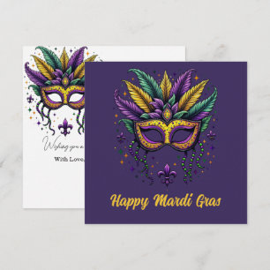 Tarjeta Festiva Elegante Feliz Mardi Gras Feathered y Máscara