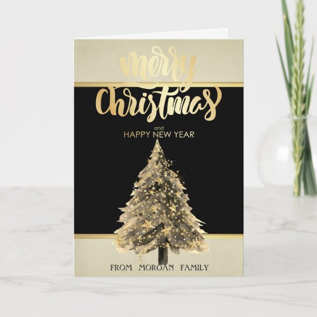 Tarjeta Festiva Elegante Feliz Navidad, Oro Estrellas Árbol de Nav (Anverso)