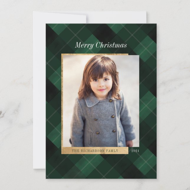 Tarjeta Festiva Elegante Festividad Green Plaid & Gold One Photo (Anverso)