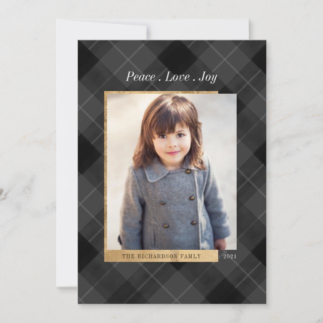 Tarjeta Festiva Elegante Festividad Gris Plaid & Gold One Photo (Anverso)