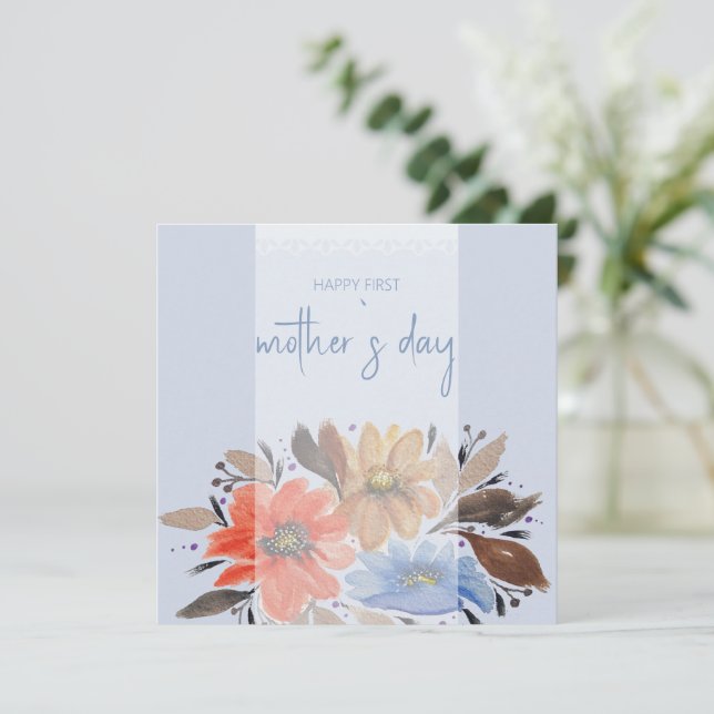 Tarjeta Festiva Elegante Floral de color azul pastel (Anverso de pie)