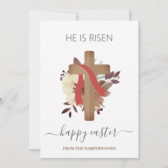 Tarjeta Festiva Elegante Floral Feliz Cruz de Pascua Cristiana (Anverso)