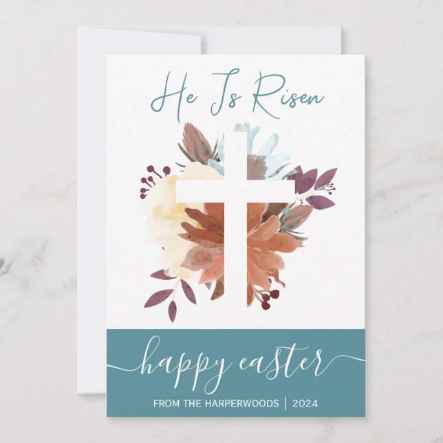 Tarjeta Festiva Elegante Floral Feliz Cruz de Pascua Cristiana (Anverso)