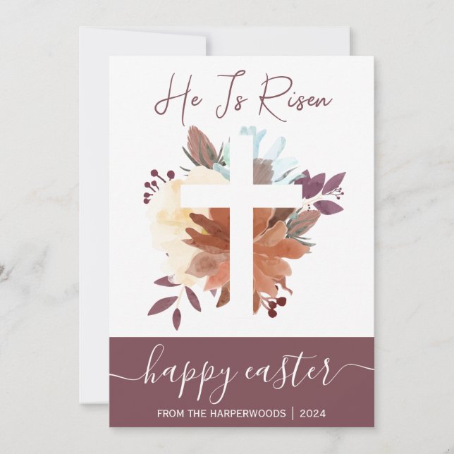 Tarjeta Festiva Elegante Floral Feliz Cruz de Pascua Cristiana (Anverso)