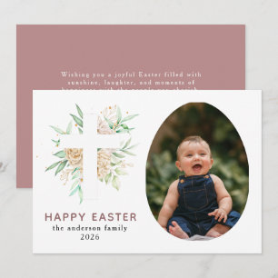 Tarjeta Festiva Elegante Floral Moderna y Cruz Feliz Pascua Foto