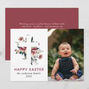 Tarjeta Festiva Elegante Floral Moderna y Cruz Feliz Pascua Foto