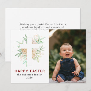 Tarjeta Festiva Elegante Floral Moderna y Cruz Feliz Pascua Foto