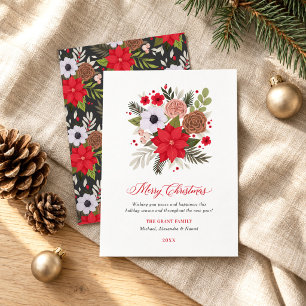 Tarjeta Festiva Elegante Floral Navideña de Verde con Rojo