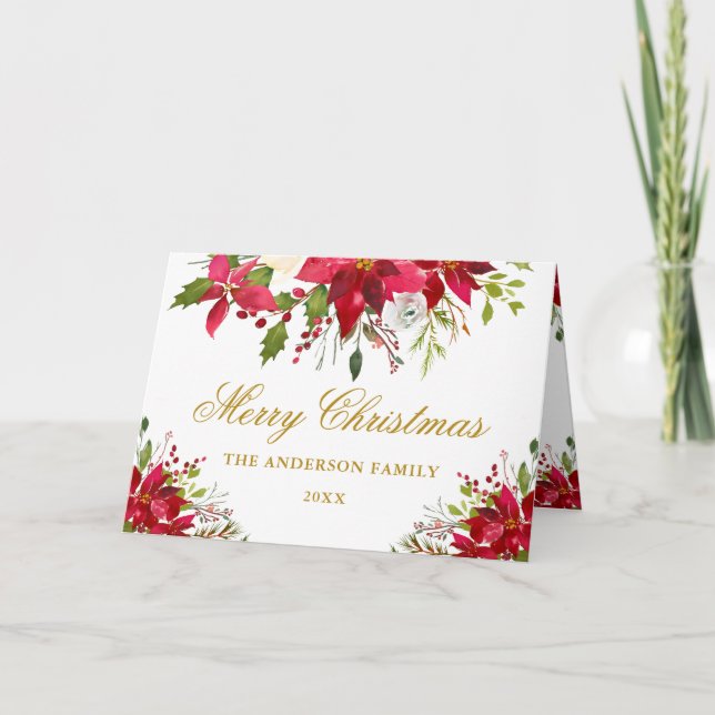 Tarjeta Festiva Elegante floral Poinsettia Navidades de oro (Anverso)