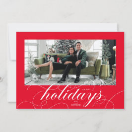 Tarjeta Festiva Elegante Flourish Script Red Holiday Photo Card