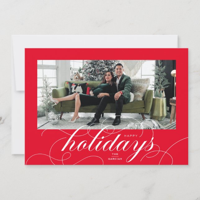 Tarjeta Festiva Elegante Flourish Script Red Holiday Photo Card (Anverso)