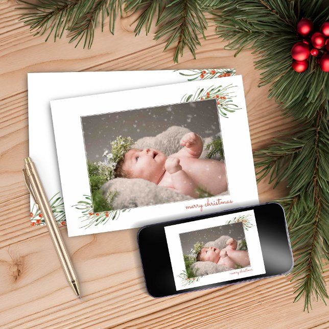 Tarjeta Festiva Elegante Foliage Berries Merry marco navideño (Elegant Foliage Berries Merry Christmas Frame Holiday Card)