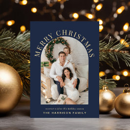 Tarjeta Festiva Elegante foto azul del Arco navideño de Feliz