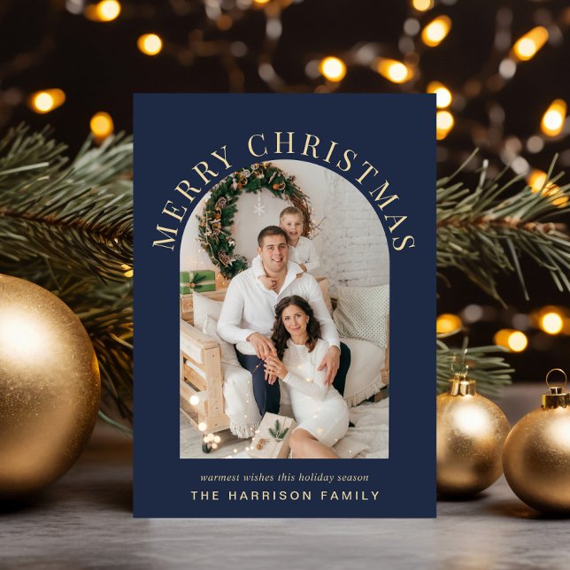 Tarjeta Festiva Elegante foto azul del Arco navideño de Feliz (Share the love and warmth of the season with an elegant arch photo Christmas card)
