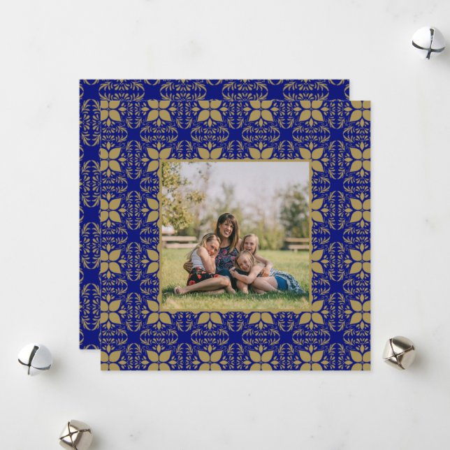 Tarjeta Festiva Elegante foto azul y dorada (Anverso/Reverso In Situ)