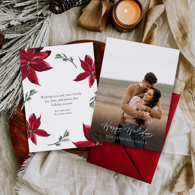 Tarjeta Festiva Elegante foto botánica (Elegant Poinsettia Photo Holiday Card)