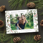 Tarjeta Festiva Elegante foto botánica de color de agua de inviern<br><div class="desc">Esta elegante tarjeta fotográfica navideña presenta una única foto horizontal enmarcada por una hermosa acuarela eucalipto, hueso y bayas sobre un fondo blanco clásico. El saludo editable al frente dice "Festividades más felices". La parte posterior de la tarjeta es un fondo rojo festivo al que se puede añadir otra foto...</div>
