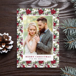 Tarjeta Festiva Elegante foto con patrón de poinsettia en acuarela