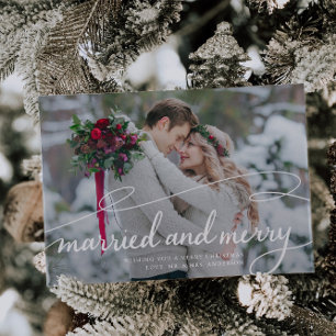 Tarjeta Festiva Elegante Foto de Boda con Remolino de Casados y Al
