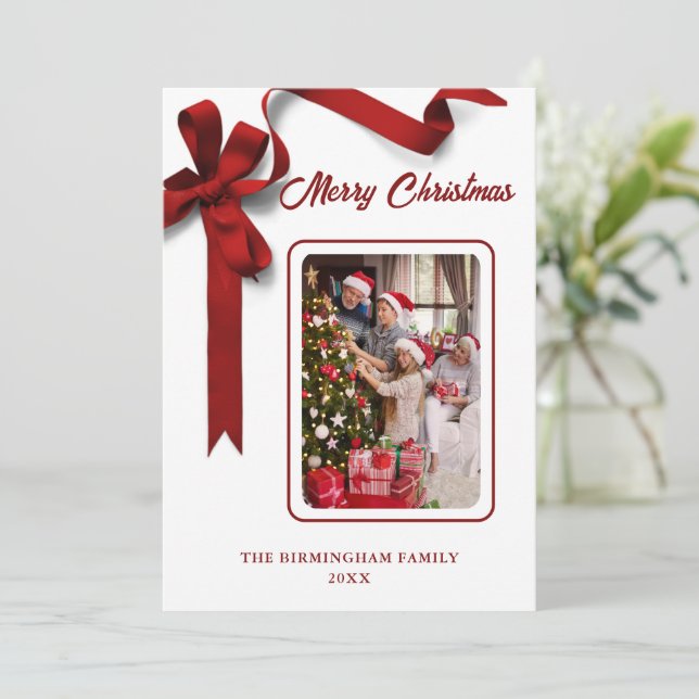 Tarjeta Festiva Elegante foto de cinta roja (Anverso de pie)