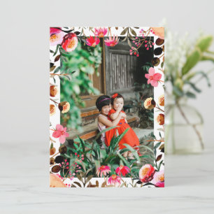 Tarjeta Festiva Elegante Foto de Floral Acuarela Verde Rojo Rosa