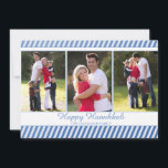 Tarjeta Festiva Elegante foto de la banda de Relieve metalizado az<br><div class="desc">Elegante tarjeta de fotos de vacaciones Hanukkah Blue Relieve metalizado Stripe con un elegante patrón diagonal de franjas de Relieve metalizado falsas azules y plateadas con espacio para tres de tus fotos y texto personalizado. Fácil de personalizar con texto, fuentes y colores. Creado por el diseñador Zazzle pro BK Thompson...</div>