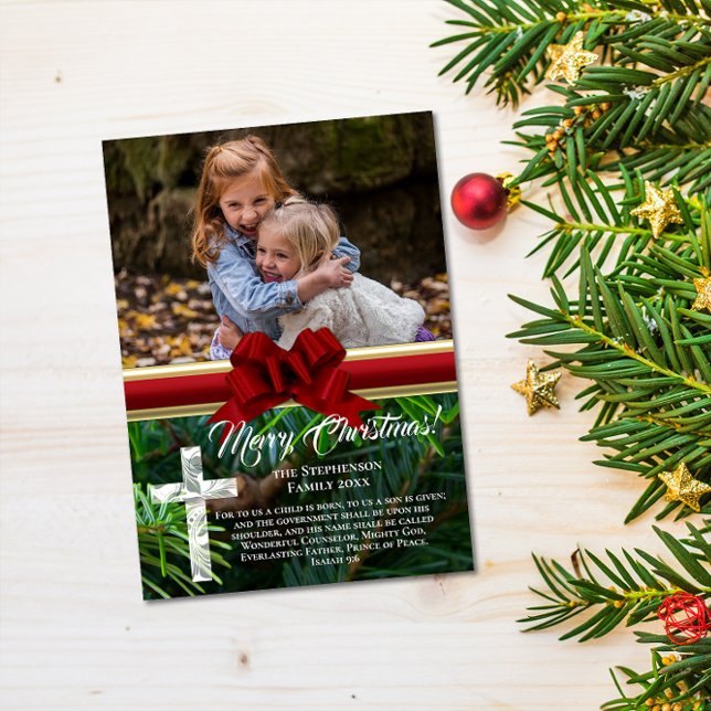 Tarjeta Festiva Elegante foto de la Biblia Religiosa de Bow Rojo (christian elegant pine bow religious bible verse photo christmas card)