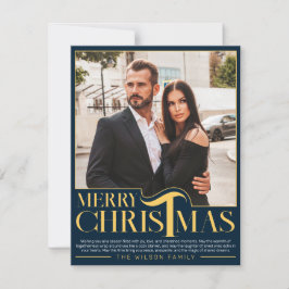 Tarjeta Festiva Elegante foto de la familia Blue and Gold Merry Ch