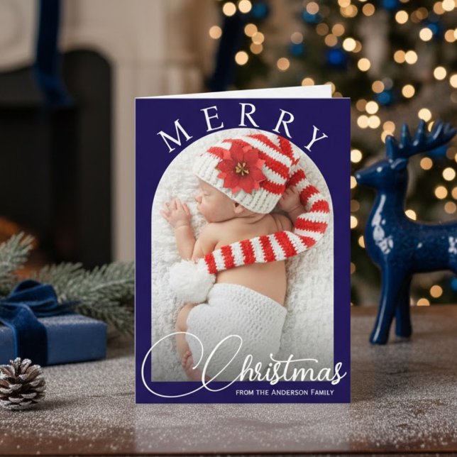 Tarjeta Festiva Elegante foto de la familia Blue & White Merry Chr (Elegant Blue & White Merry Christmas Family Photo Holiday Card)