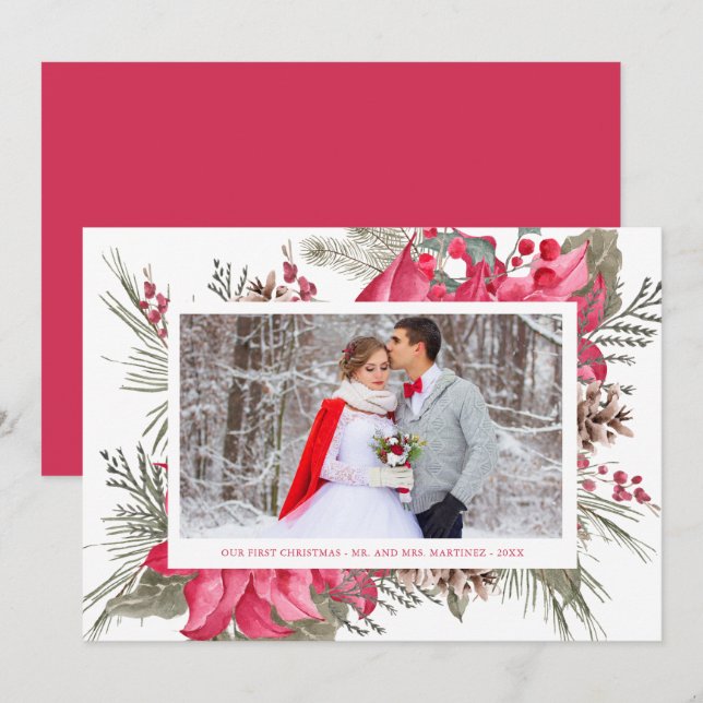 Tarjeta Festiva Elegante foto de la poinsettia roja nuestra primer (Anverso / Reverso)