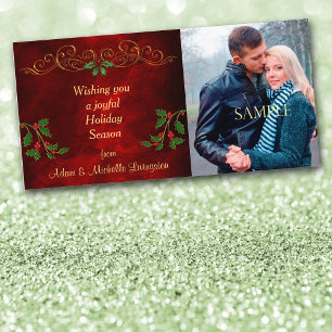 Tarjeta Festiva Elegante foto de Navidades de Borgoña Roja Holly