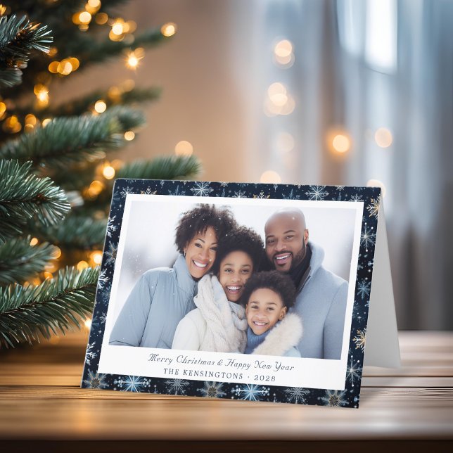 Tarjeta Festiva Elegante foto de Navidades de copos de nieve azule (Elegant Blue Snowflakes Christmas Photo Holiday Card)