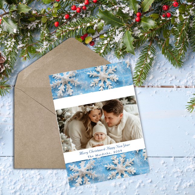 Tarjeta Festiva Elegante foto de Navidades de copos de nieve azule (Blue Snowflakes Merry Christmas Card)