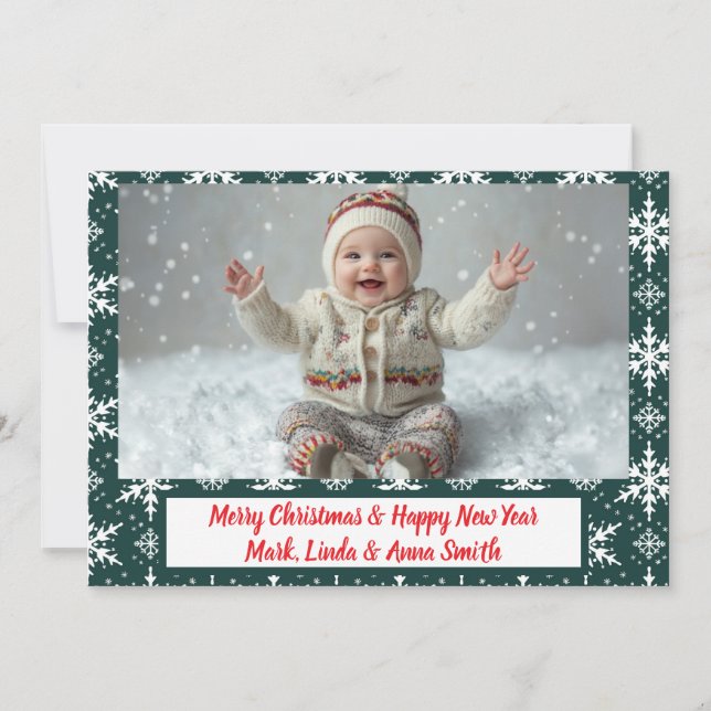 Tarjeta Festiva Elegante foto de Navidades de copos de nieve verde (Anverso)