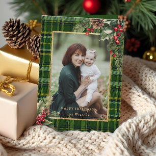 Tarjeta Festiva Elegante foto de Navidades de Green/Gold Plaid Hol