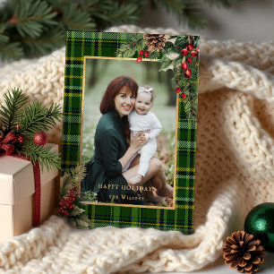 Tarjeta Festiva Elegante foto de Navidades de Green/Gold Plaid Hol